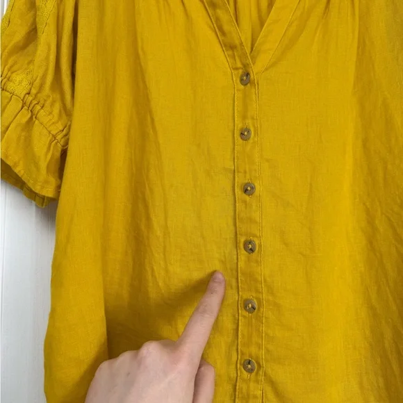 Anthro Maeve Magritte Linen Puff Sleeve Button Font Blouse Size 2 Yellow Gold - Picture 7 of 12
